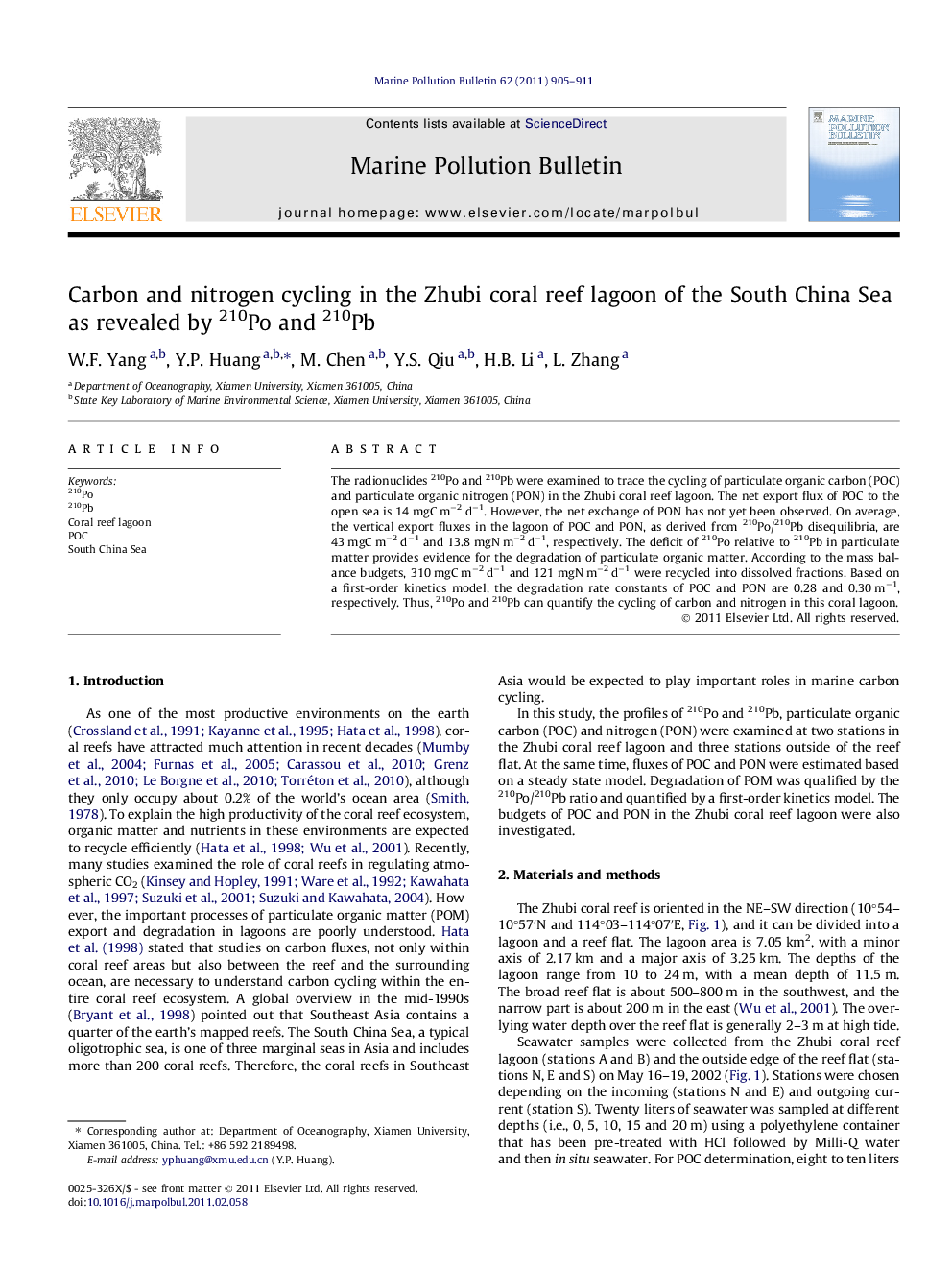 Carbon and nitrogen cycling in the Zhubi coral reef lagoon of the South China Sea as revealed by 210Po and 210Pb