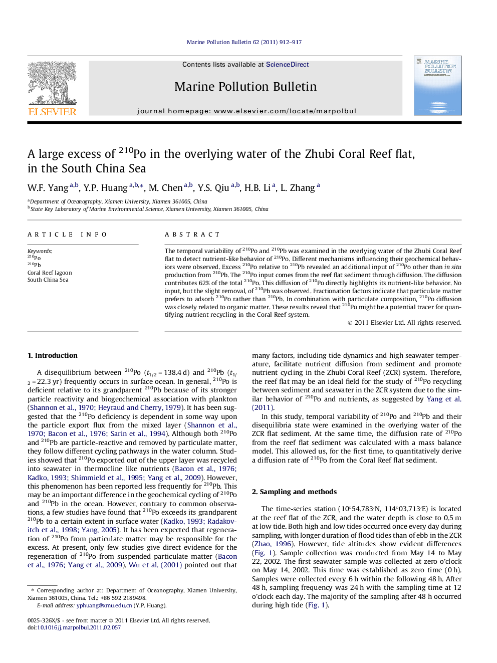 A large excess of 210Po in the overlying water of the Zhubi Coral Reef flat, in the South China Sea