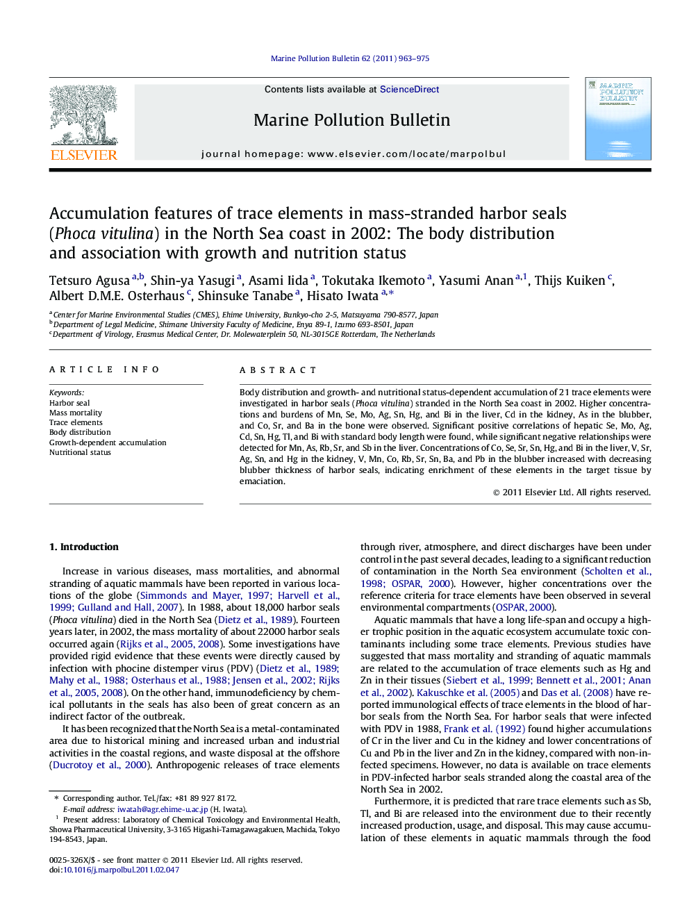 Accumulation features of trace elements in mass-stranded harbor seals (Phoca vitulina) in the North Sea coast in 2002: The body distribution and association with growth and nutrition status