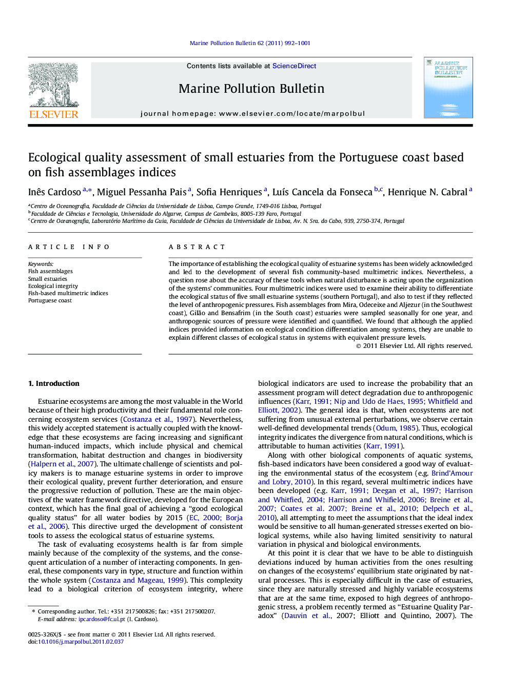 Ecological quality assessment of small estuaries from the Portuguese coast based on fish assemblages indices