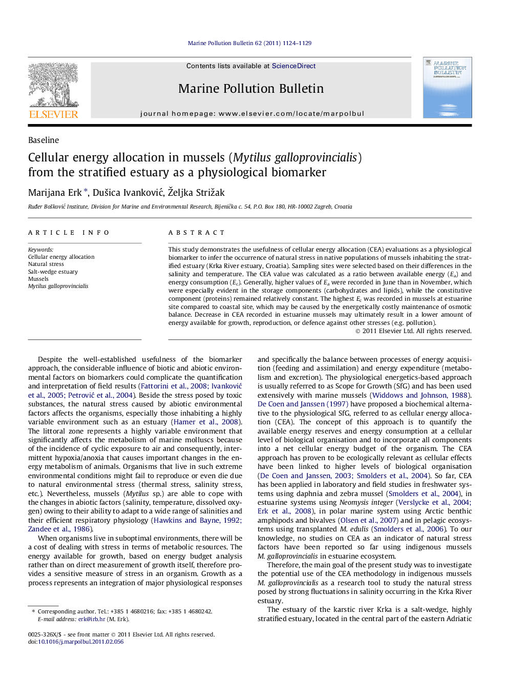 Cellular energy allocation in mussels (Mytilus galloprovincialis) from the stratified estuary as a physiological biomarker