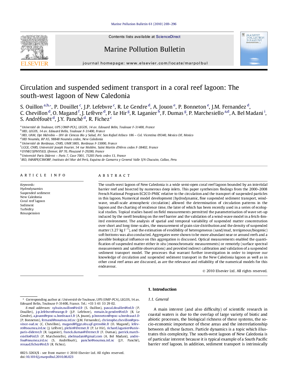 Circulation and suspended sediment transport in a coral reef lagoon: The south-west lagoon of New Caledonia