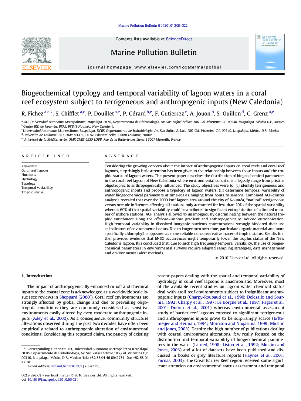 Biogeochemical typology and temporal variability of lagoon waters in a coral reef ecosystem subject to terrigeneous and anthropogenic inputs (New Caledonia)