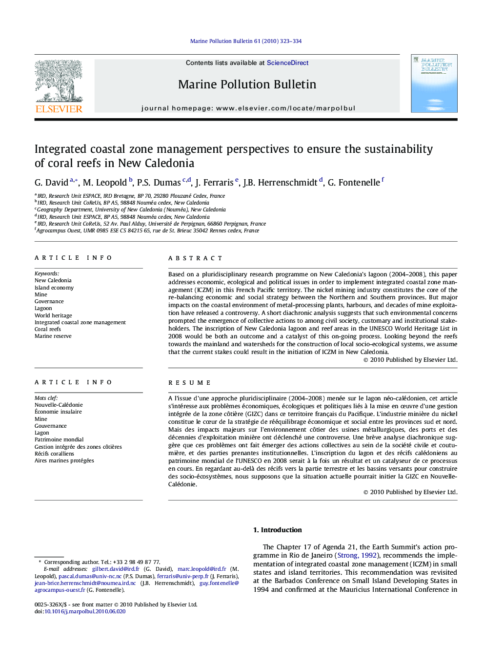 Integrated coastal zone management perspectives to ensure the sustainability of coral reefs in New Caledonia