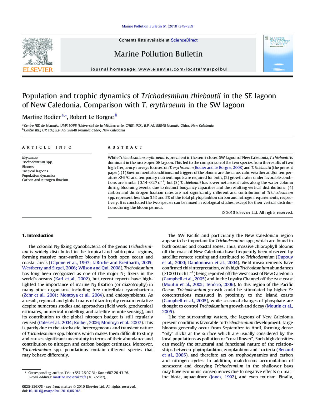 Population and trophic dynamics of Trichodesmium thiebautii in the SE lagoon of New Caledonia. Comparison with T. erythraeum in the SW lagoon