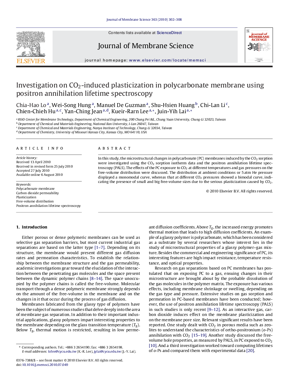 Investigation on CO2-induced plasticization in polycarbonate membrane using positron annihilation lifetime spectroscopy