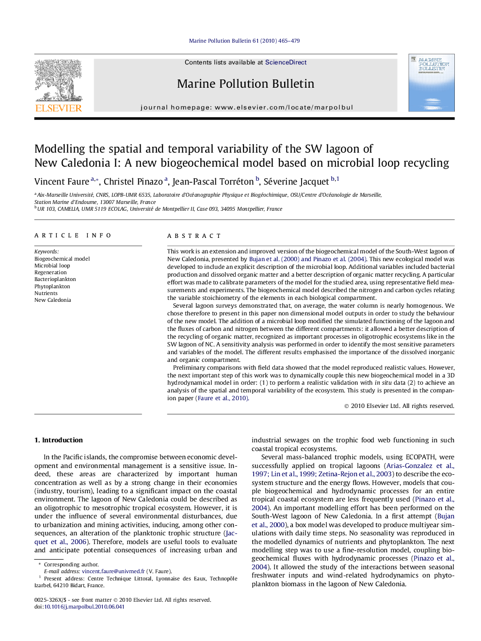 Modelling the spatial and temporal variability of the SW lagoon of New Caledonia I: A new biogeochemical model based on microbial loop recycling