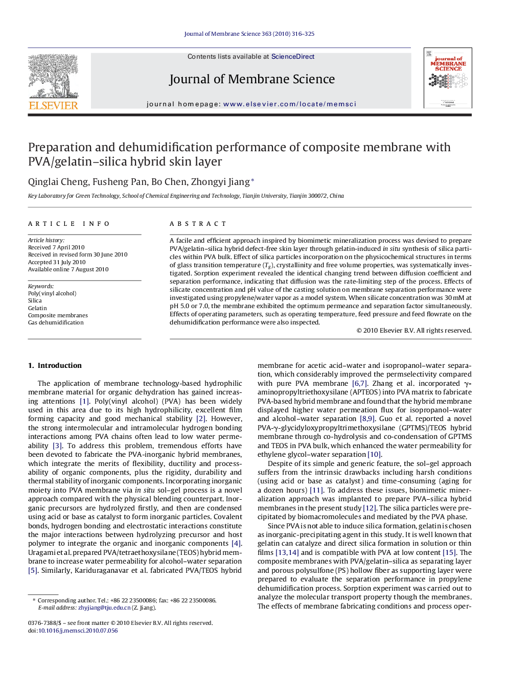 Preparation and dehumidification performance of composite membrane with PVA/gelatin–silica hybrid skin layer