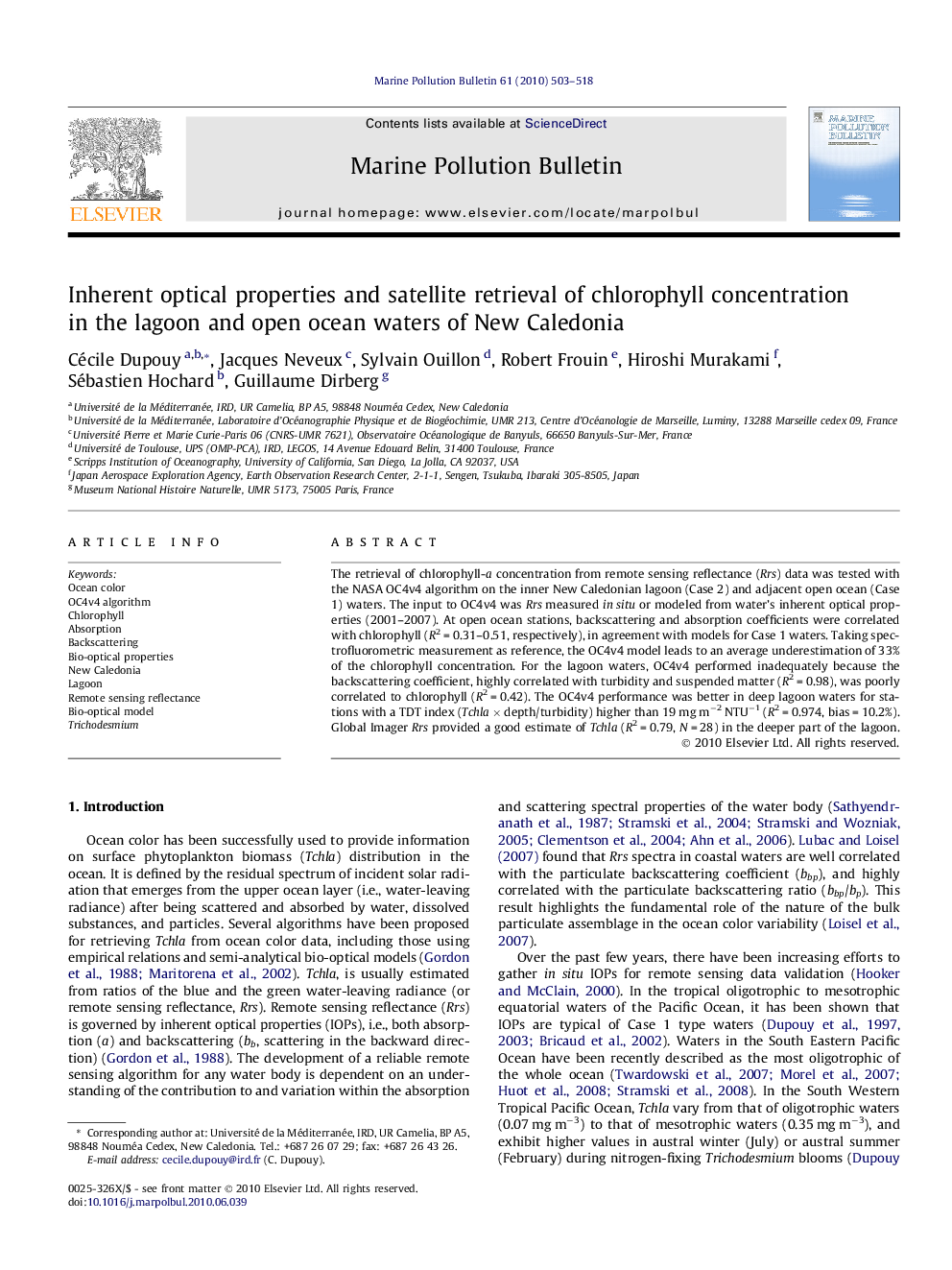 Inherent optical properties and satellite retrieval of chlorophyll concentration in the lagoon and open ocean waters of New Caledonia