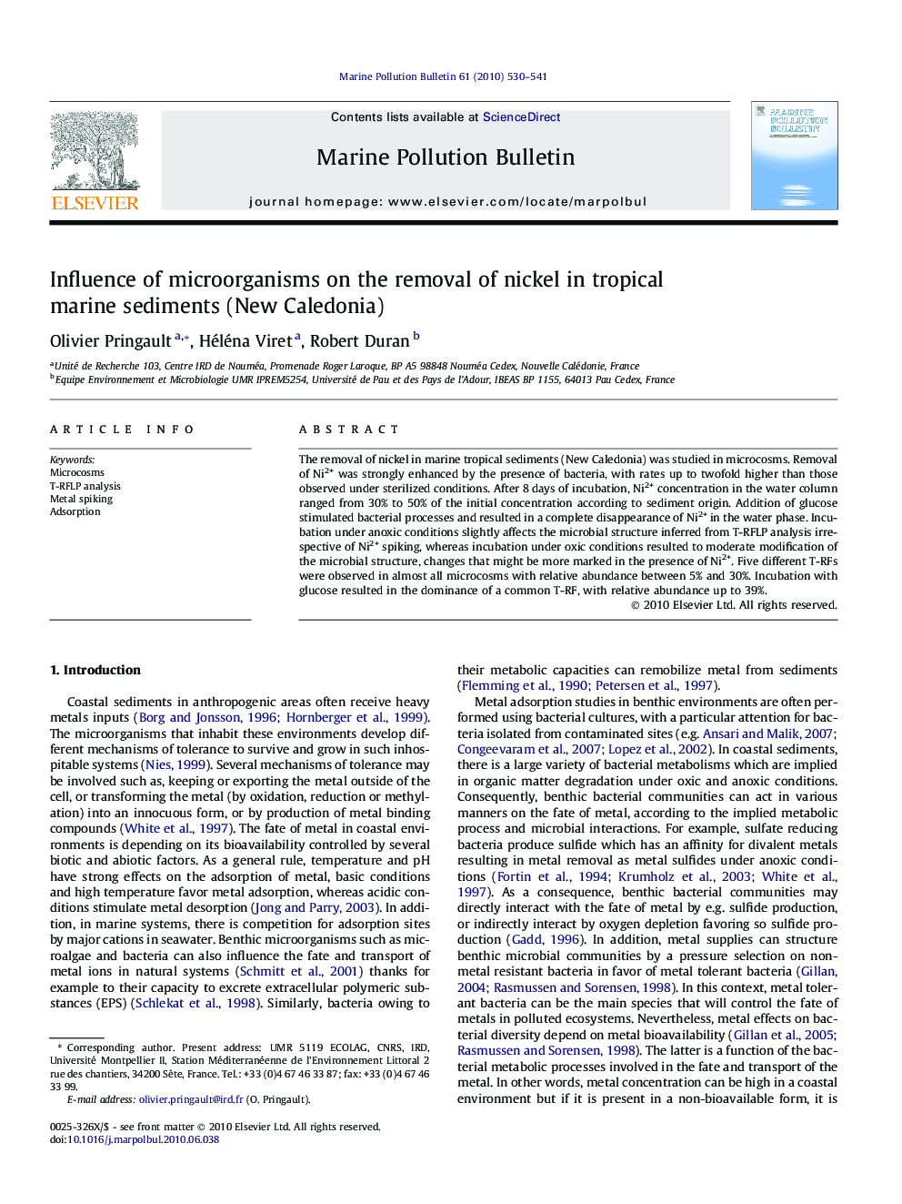 Influence of microorganisms on the removal of nickel in tropical marine sediments (New Caledonia)