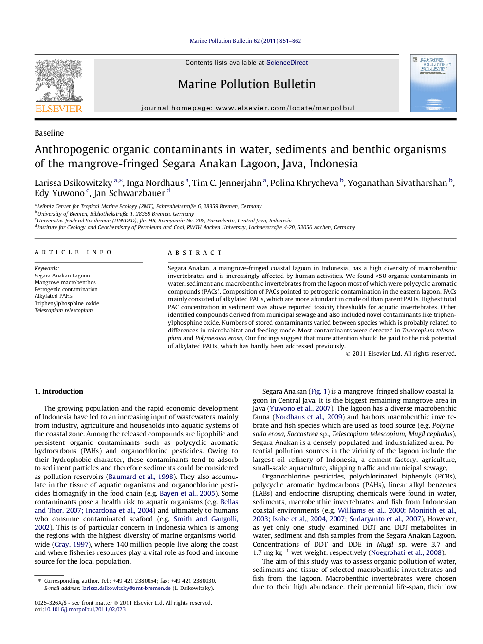 Anthropogenic organic contaminants in water, sediments and benthic organisms of the mangrove-fringed Segara Anakan Lagoon, Java, Indonesia