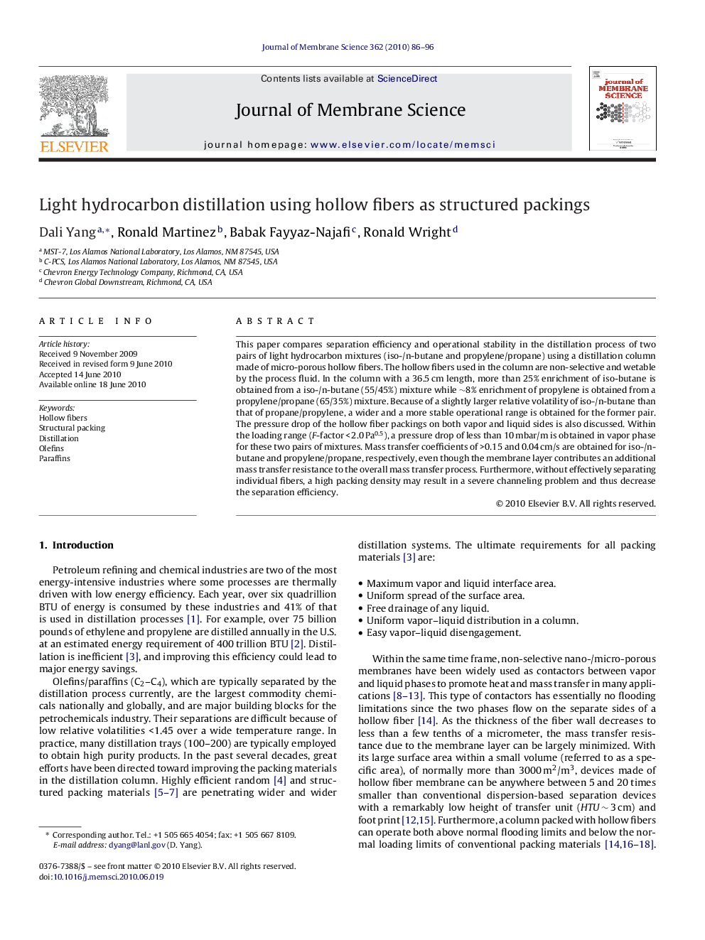 Light hydrocarbon distillation using hollow fibers as structured packings