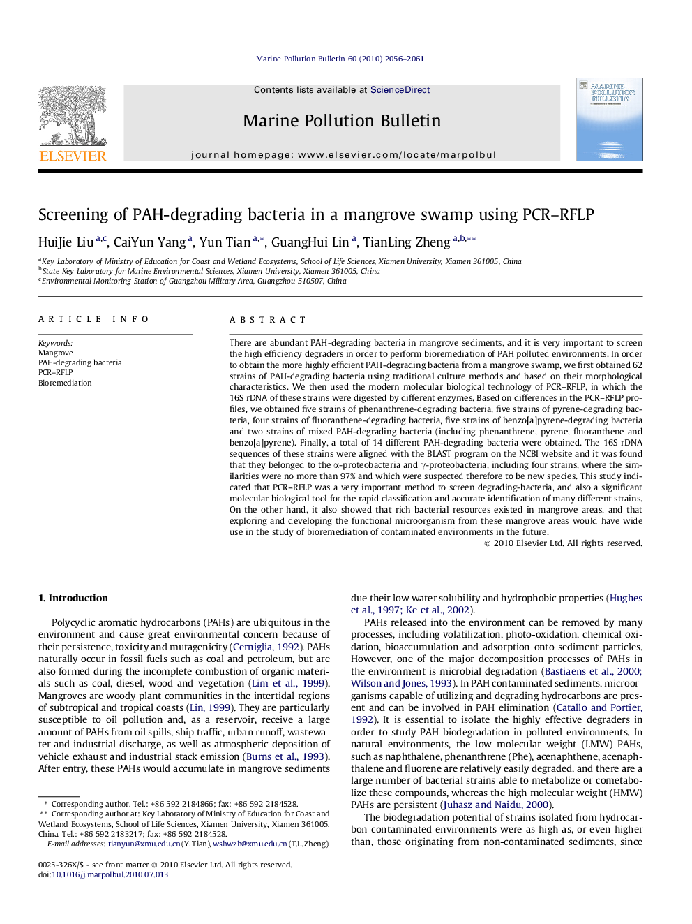 Screening of PAH-degrading bacteria in a mangrove swamp using PCR-RFLP