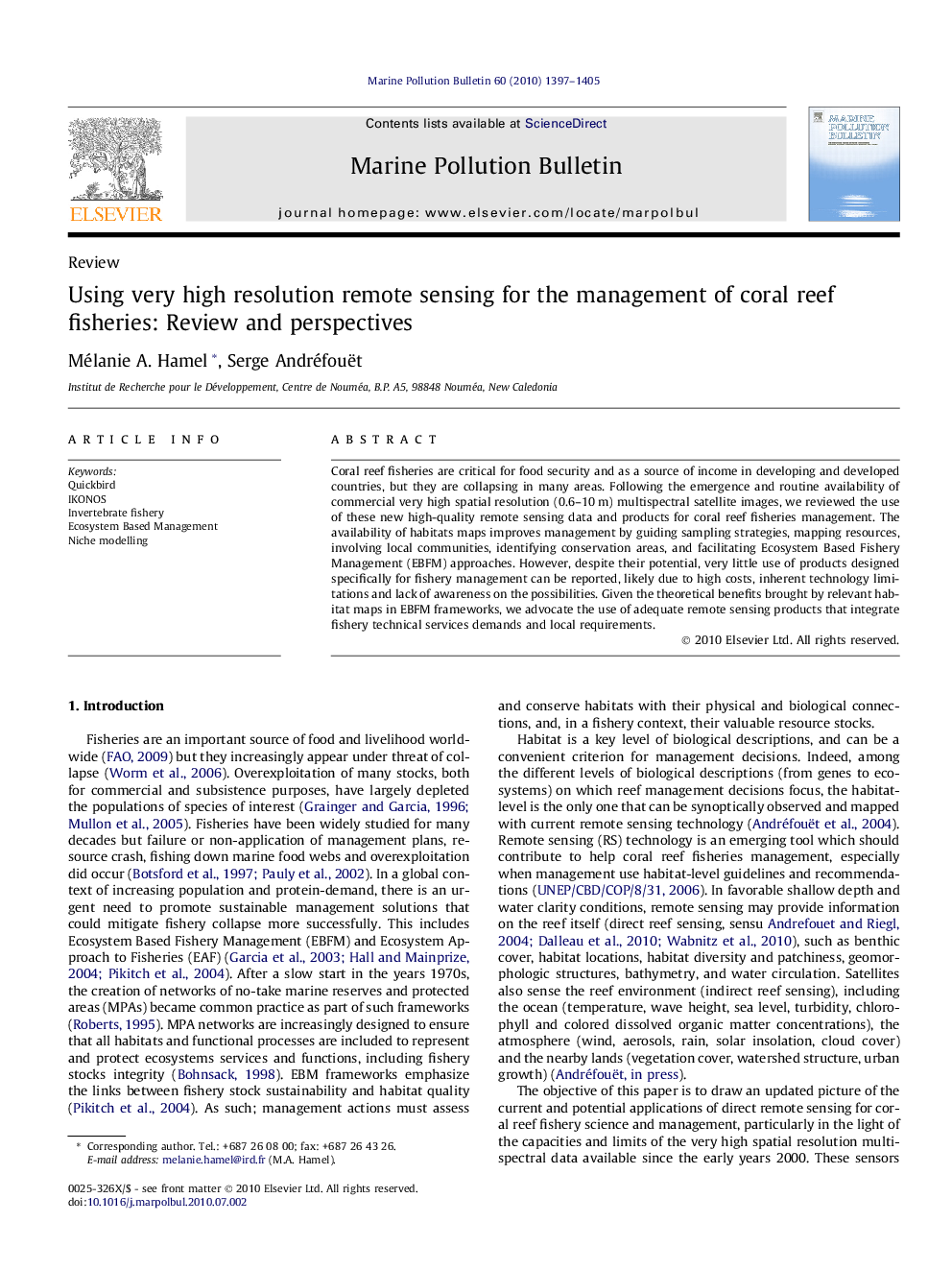 Using very high resolution remote sensing for the management of coral reef fisheries: Review and perspectives