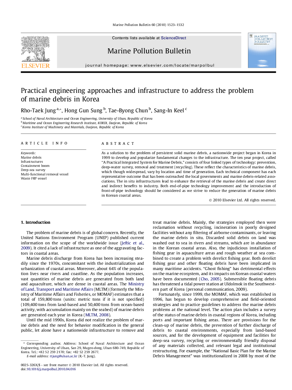 Practical engineering approaches and infrastructure to address the problem of marine debris in Korea