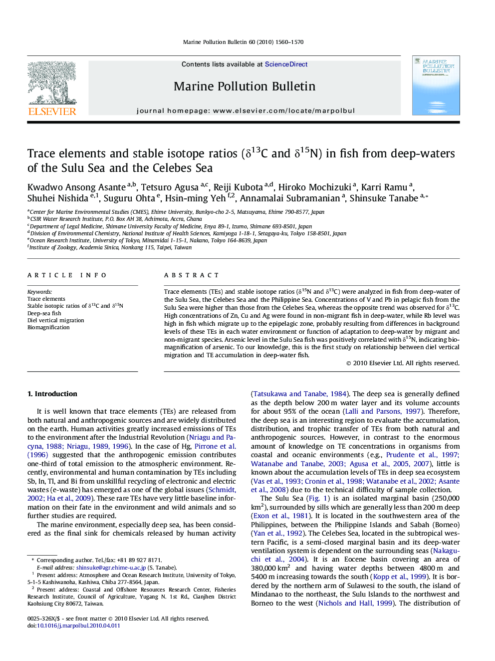 Trace elements and stable isotope ratios (Î´13C and Î´15N) in fish from deep-waters of the Sulu Sea and the Celebes Sea