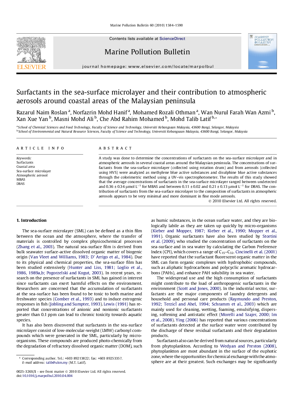 Surfactants in the sea-surface microlayer and their contribution to atmospheric aerosols around coastal areas of the Malaysian peninsula