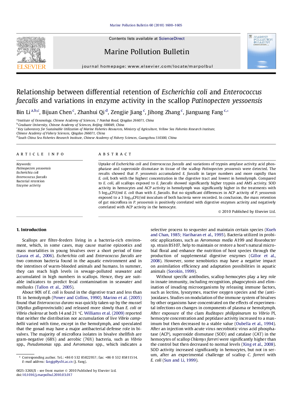 Relationship between differential retention of Escherichia coli and Enterococcus faecalis and variations in enzyme activity in the scallop Patinopecten yessoensis