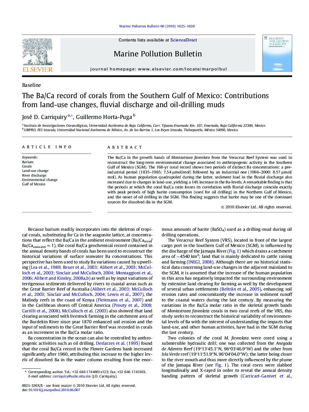 The Ba/Ca record of corals from the Southern Gulf of Mexico: Contributions from land-use changes, fluvial discharge and oil-drilling muds