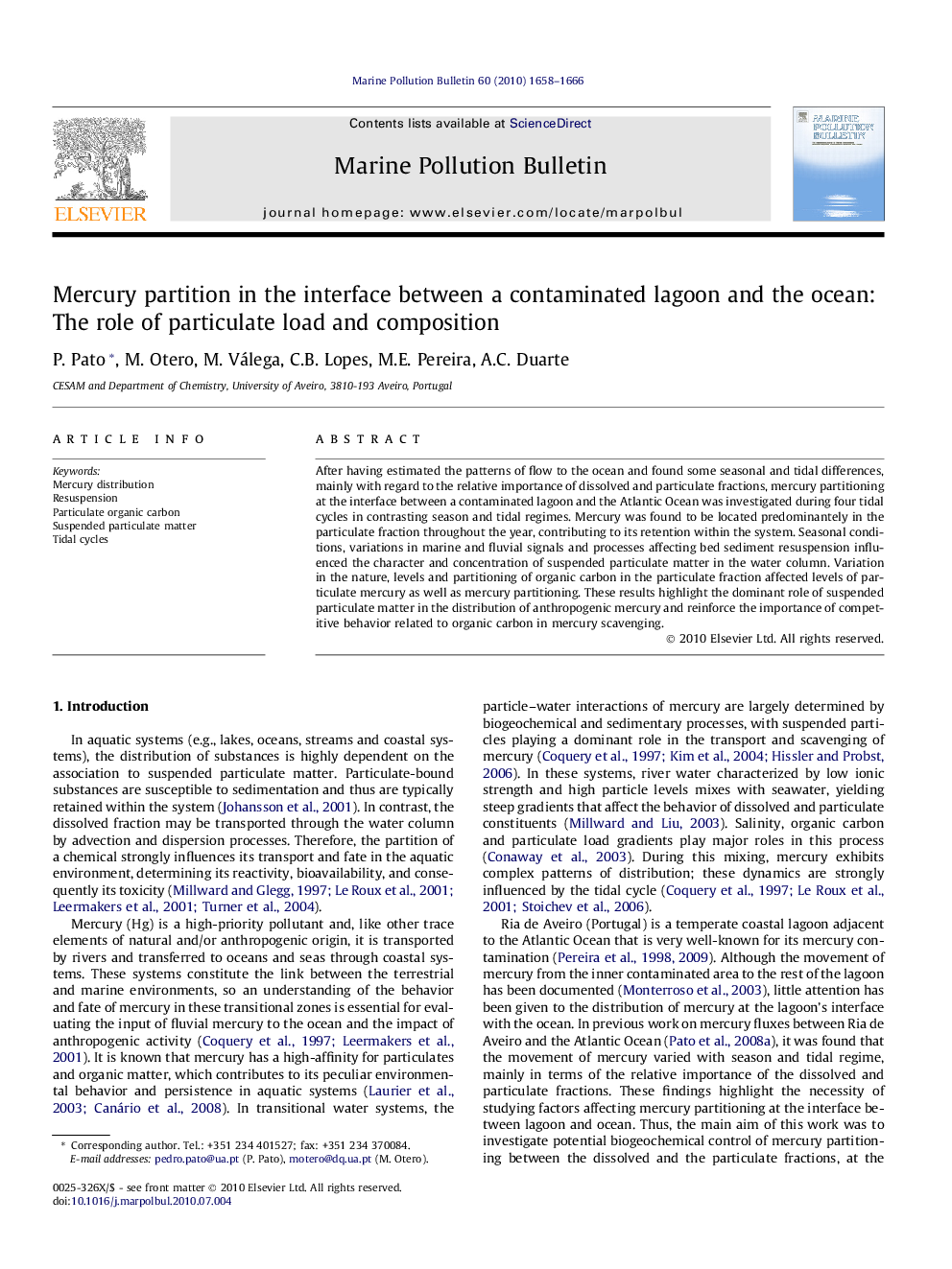 Mercury partition in the interface between a contaminated lagoon and the ocean: The role of particulate load and composition