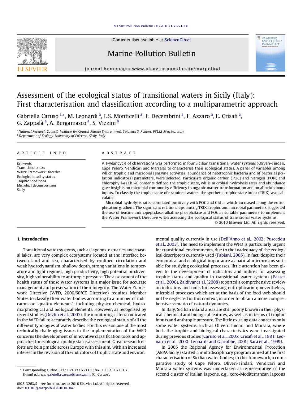 Assessment of the ecological status of transitional waters in Sicily (Italy): First characterisation and classification according to a multiparametric approach