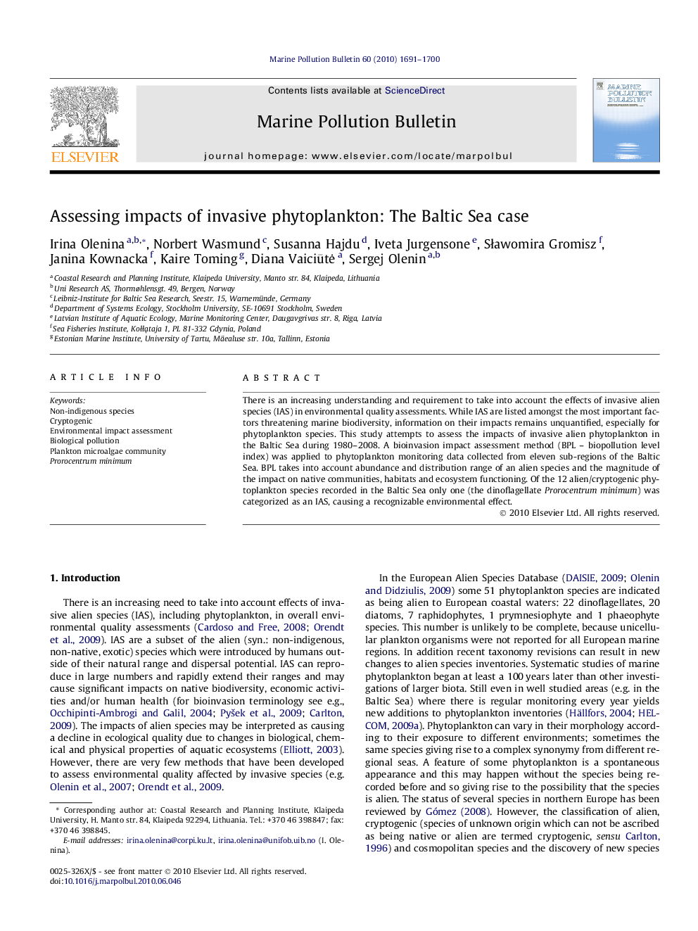 Assessing impacts of invasive phytoplankton: The Baltic Sea case