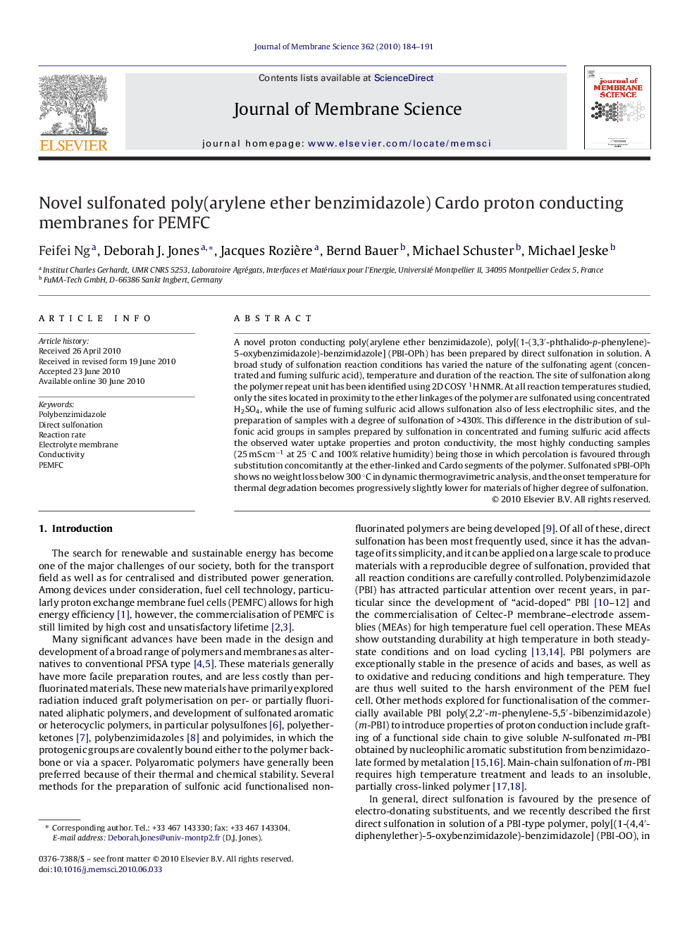 Novel sulfonated poly(arylene ether benzimidazole) Cardo proton conducting membranes for PEMFC