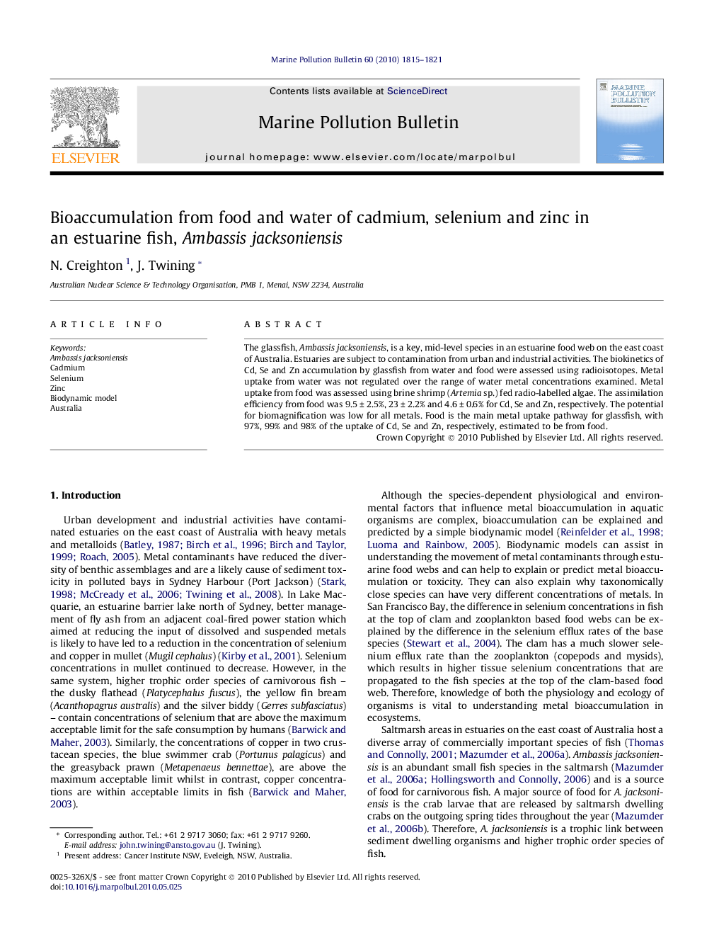 Bioaccumulation from food and water of cadmium, selenium and zinc in an estuarine fish, Ambassis jacksoniensis