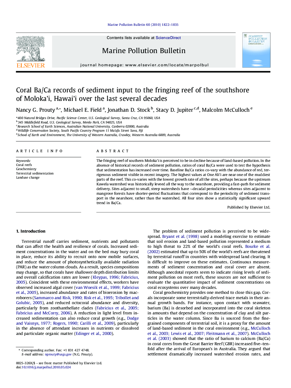 Coral Ba/Ca records of sediment input to the fringing reef of the southshore of Moloka'i, Hawai'i over the last several decades