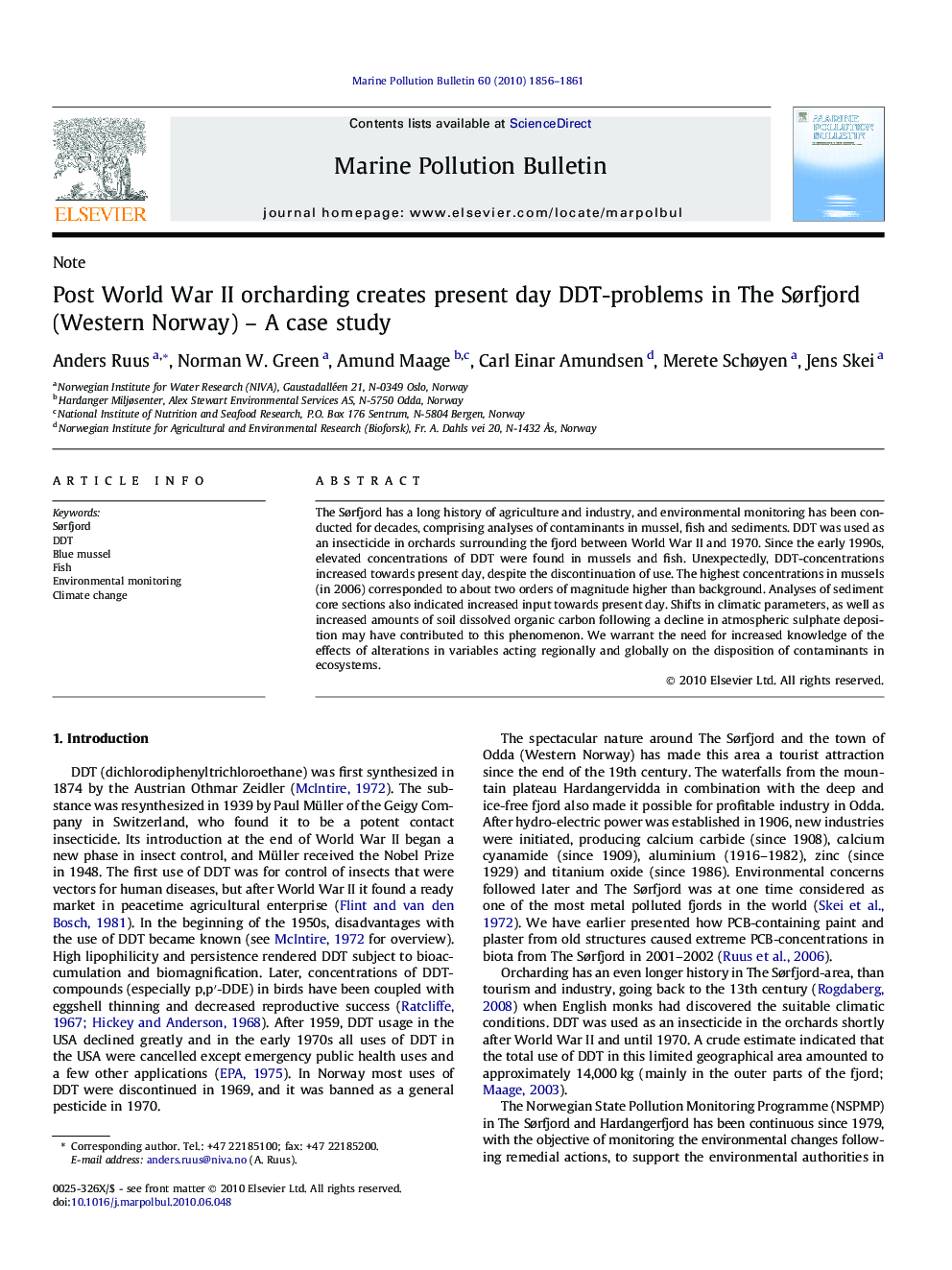 Post World War II orcharding creates present day DDT-problems in The SÃ¸rfjord (Western Norway) - A case study