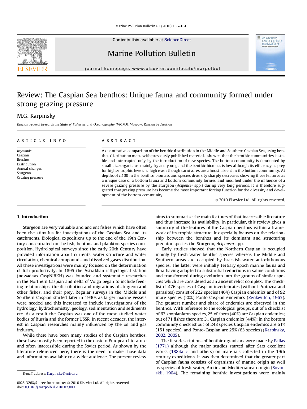 Review: The Caspian Sea benthos: Unique fauna and community formed under strong grazing pressure