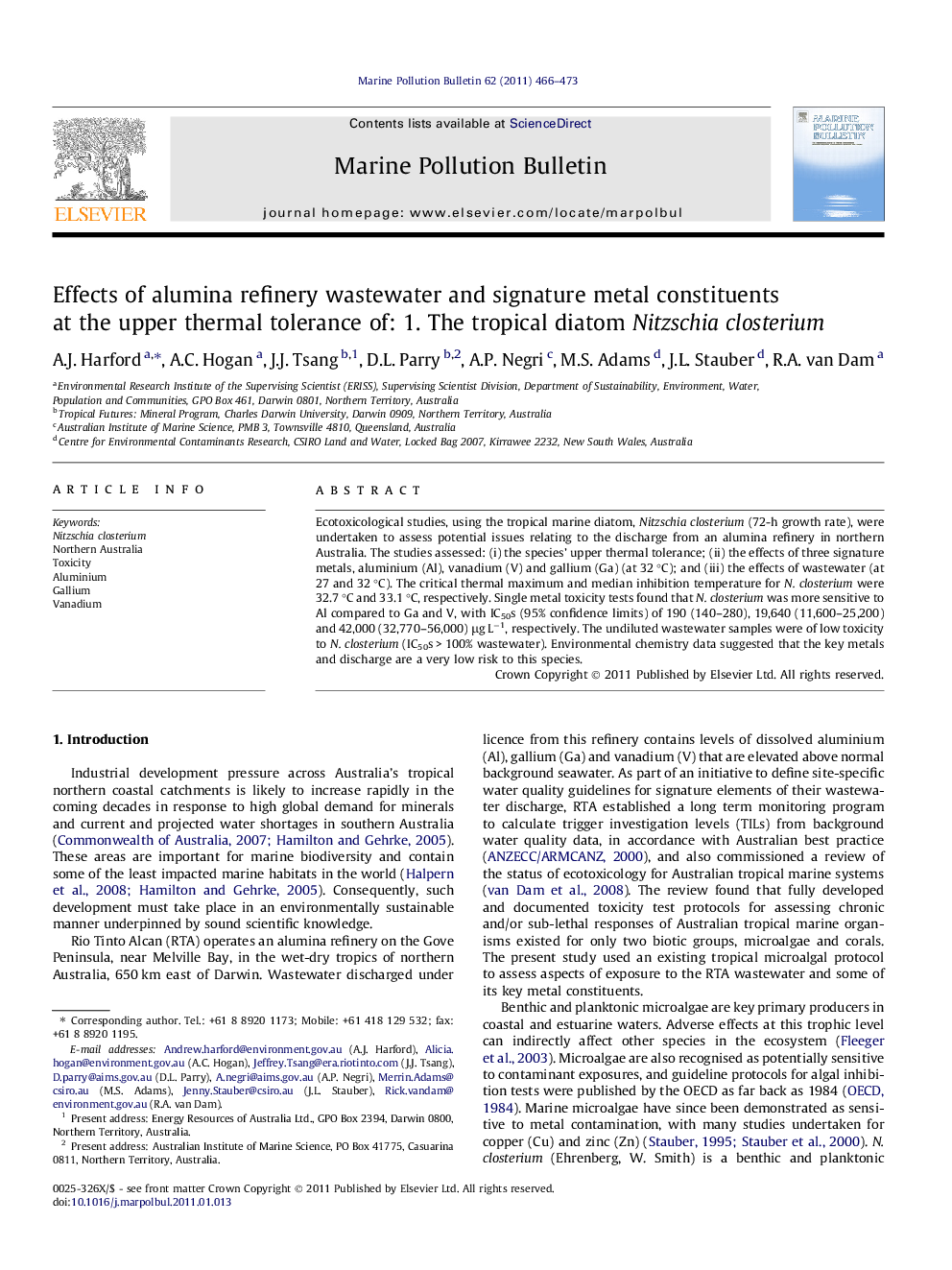 Effects of alumina refinery wastewater and signature metal constituents at the upper thermal tolerance of: 1. The tropical diatom Nitzschia closterium