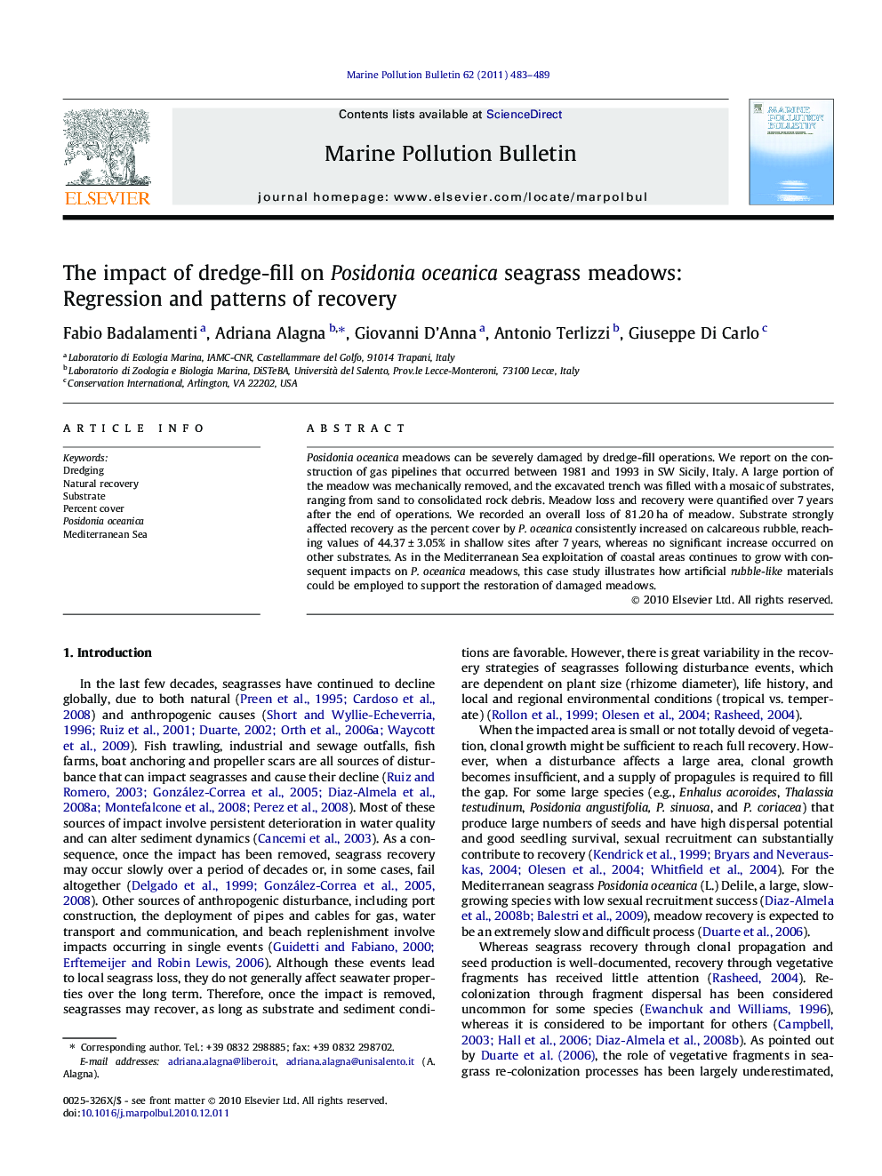 The impact of dredge-fill on Posidonia oceanica seagrass meadows: Regression and patterns of recovery