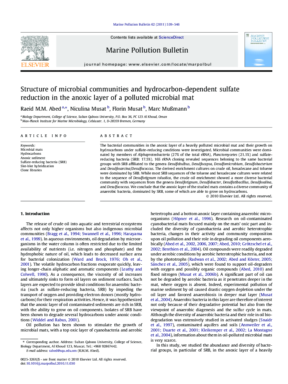 Structure of microbial communities and hydrocarbon-dependent sulfate reduction in the anoxic layer of a polluted microbial mat