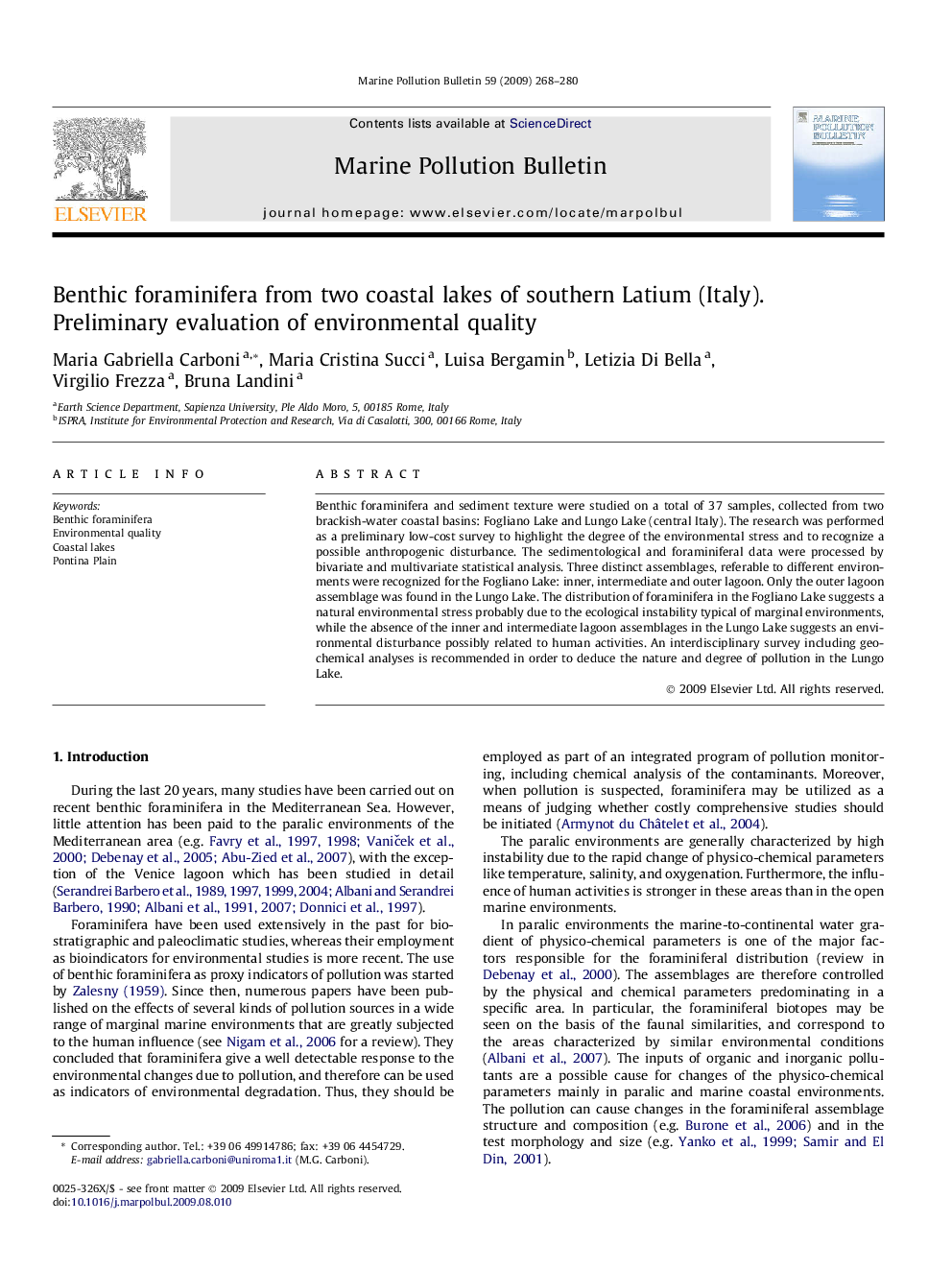 Benthic foraminifera from two coastal lakes of southern Latium (Italy). Preliminary evaluation of environmental quality