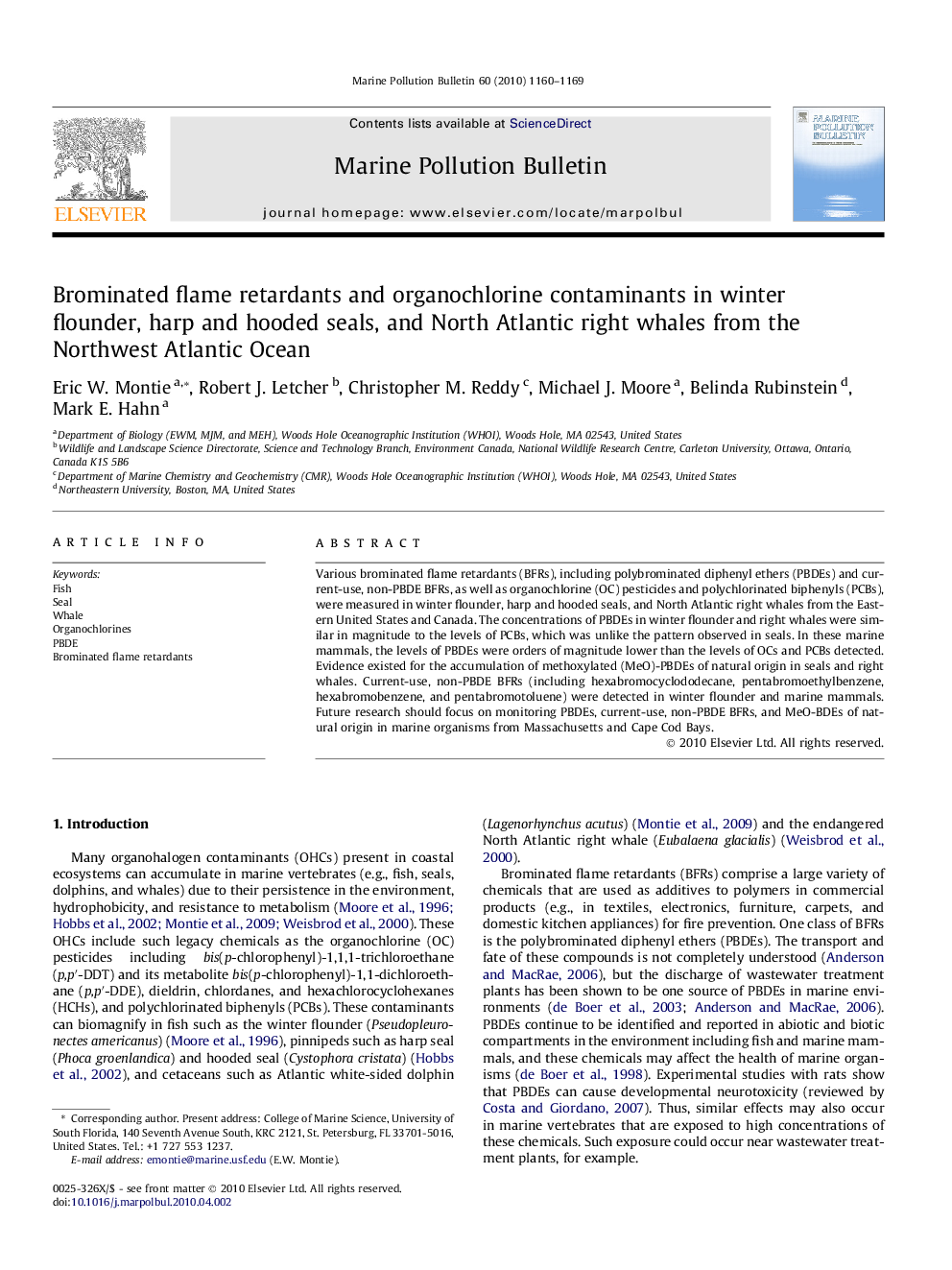 Brominated flame retardants and organochlorine contaminants in winter flounder, harp and hooded seals, and North Atlantic right whales from the Northwest Atlantic Ocean