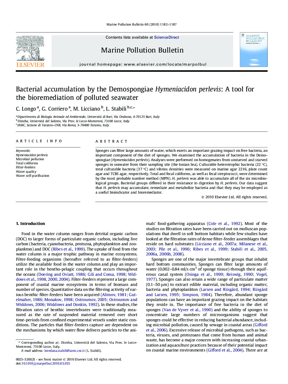 Bacterial accumulation by the Demospongiae Hymeniacidon perlevis: A tool for the bioremediation of polluted seawater