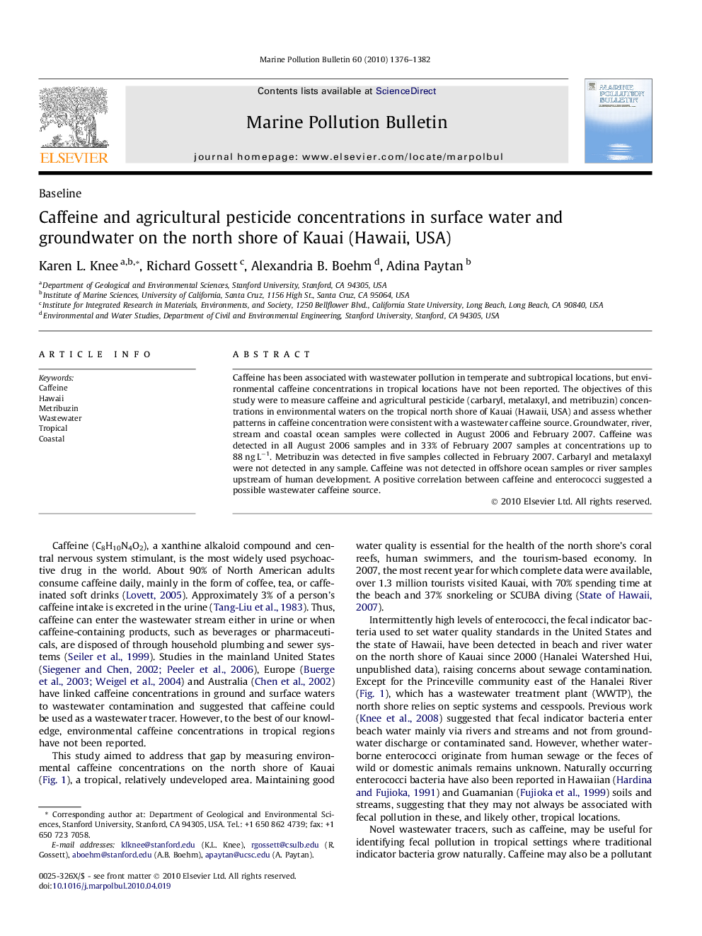 Caffeine and agricultural pesticide concentrations in surface water and groundwater on the north shore of Kauai (Hawaii, USA)