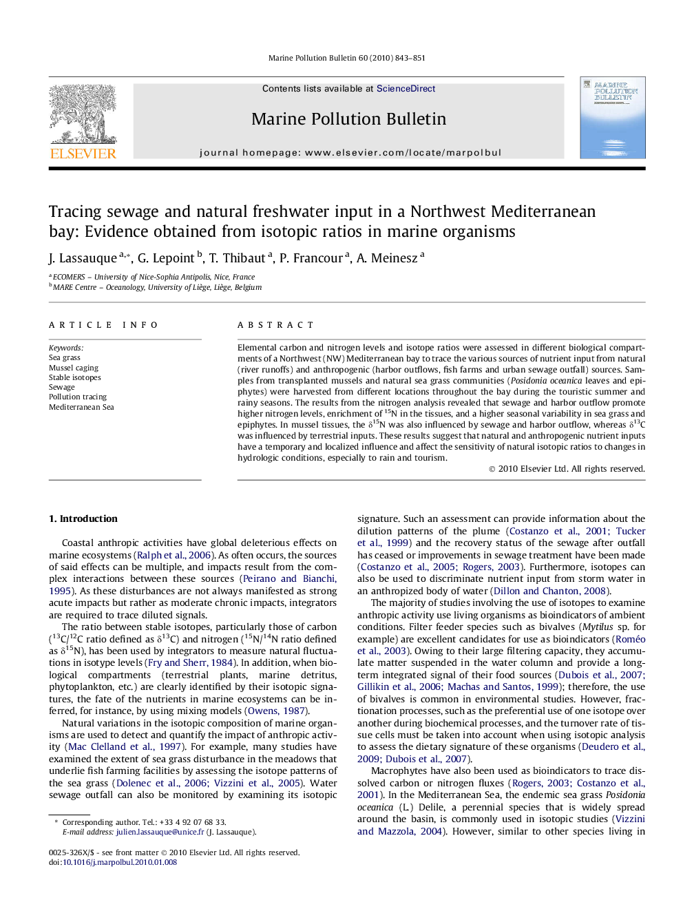 Tracing sewage and natural freshwater input in a Northwest Mediterranean bay: Evidence obtained from isotopic ratios in marine organisms