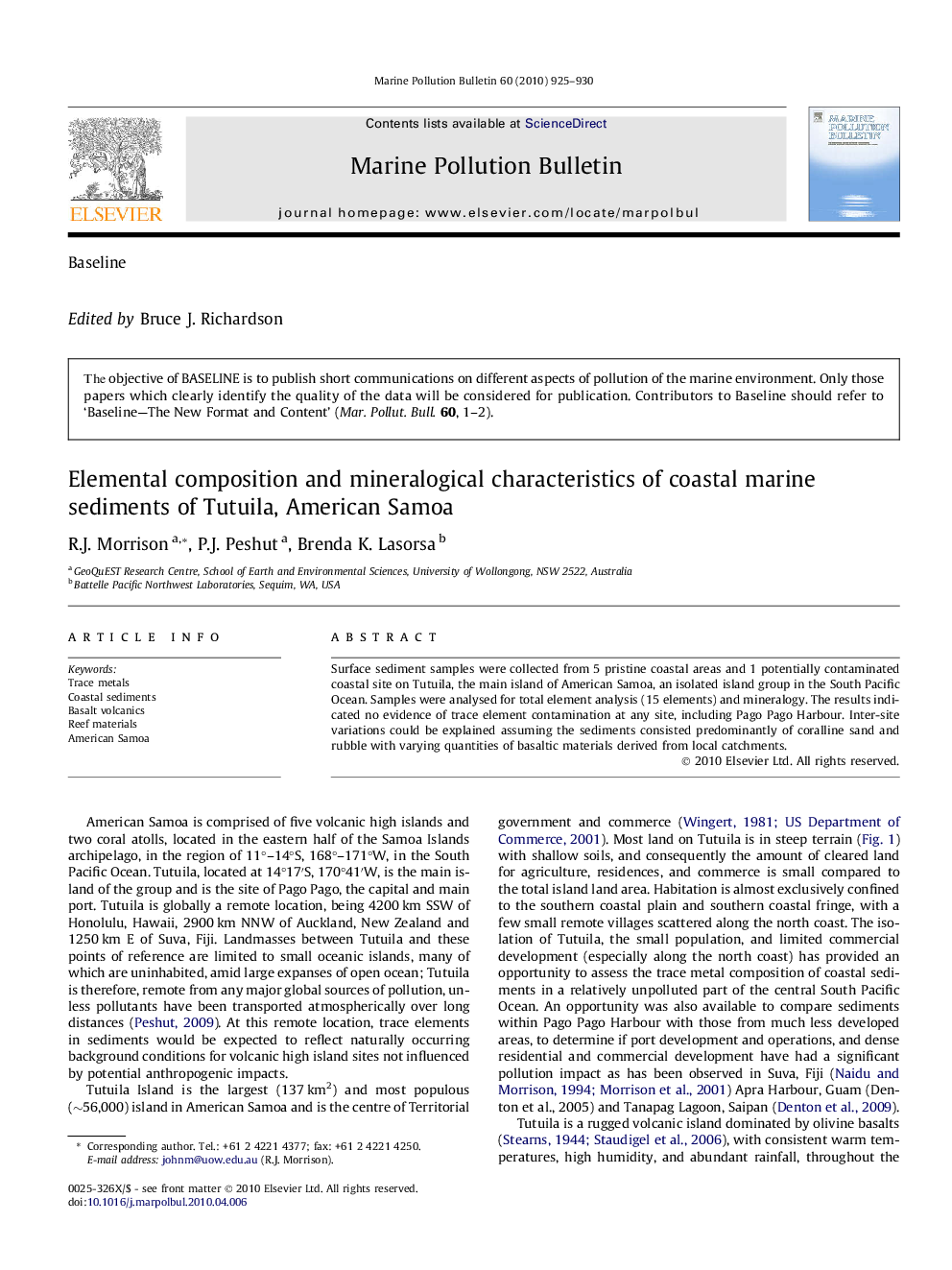 Elemental composition and mineralogical characteristics of coastal marine sediments of Tutuila, American Samoa