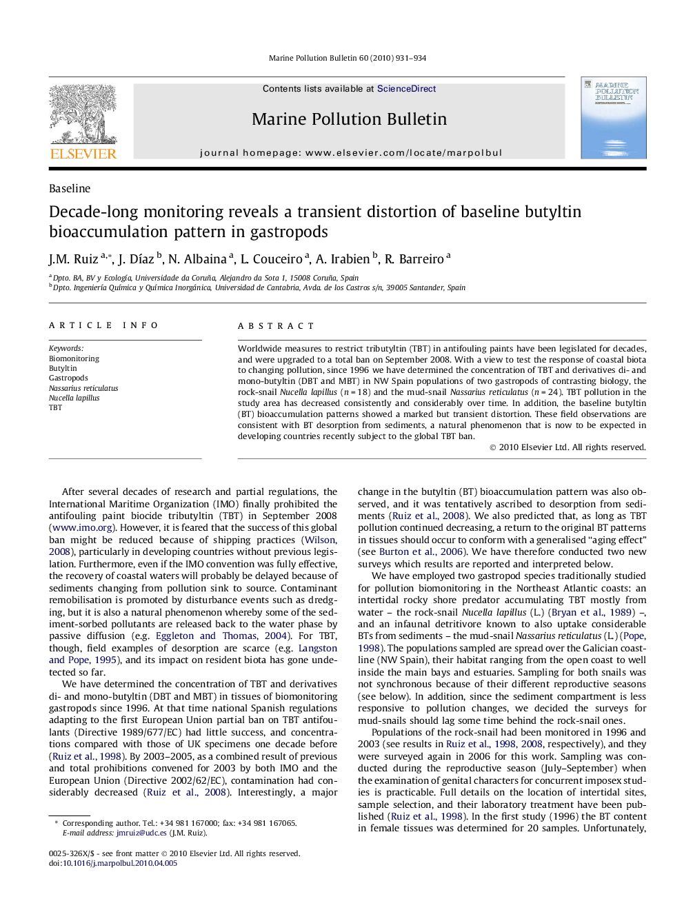 BaselineDecade-long monitoring reveals a transient distortion of baseline butyltin bioaccumulation pattern in gastropods