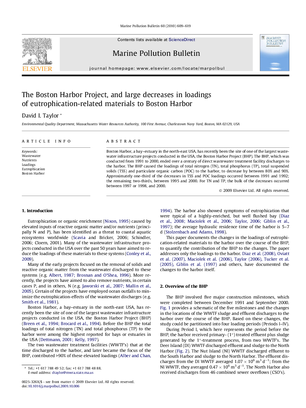 The Boston Harbor Project, and large decreases in loadings of eutrophication-related materials to Boston Harbor