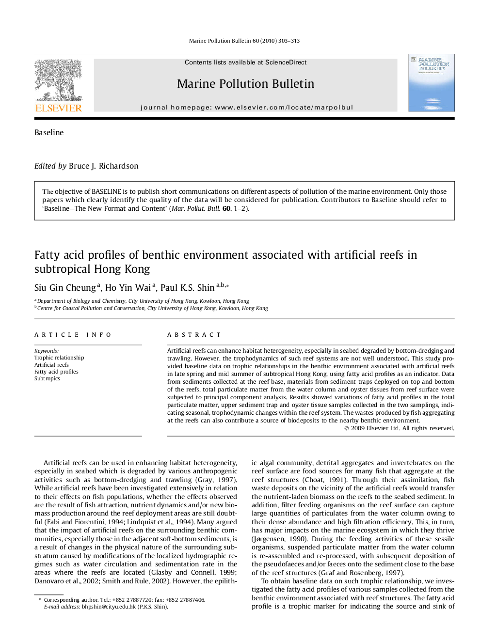 Fatty acid profiles of benthic environment associated with artificial reefs in subtropical Hong Kong