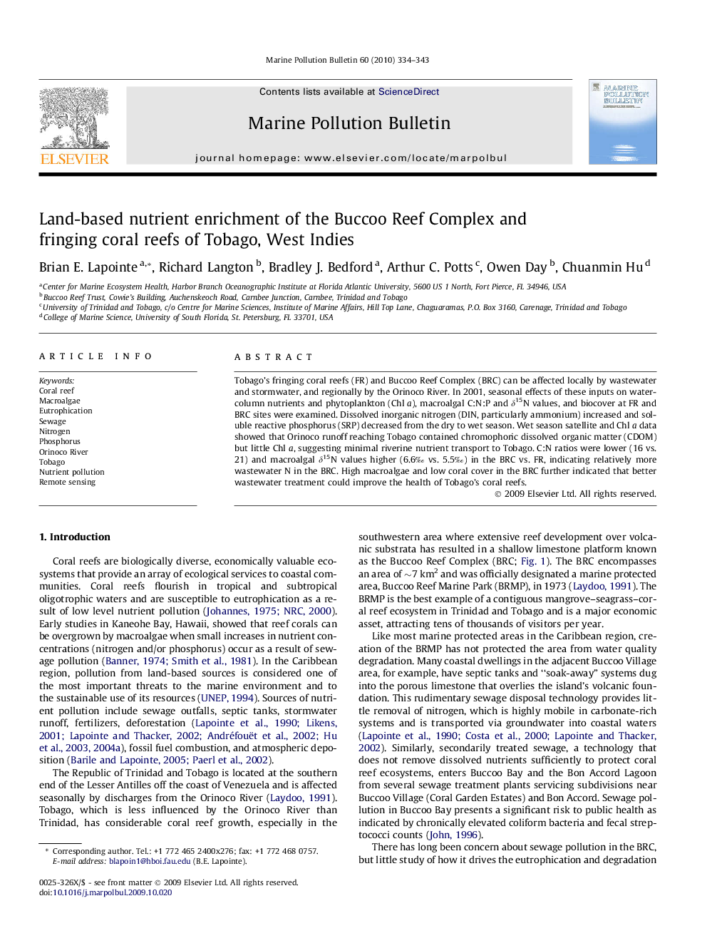 Land-based nutrient enrichment of the Buccoo Reef Complex and fringing coral reefs of Tobago, West Indies