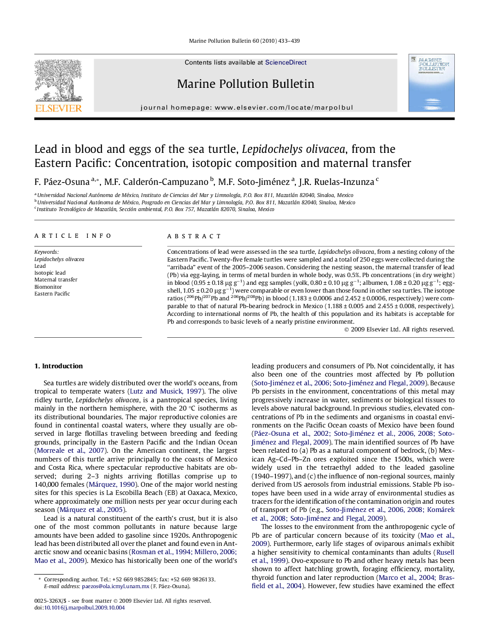 Lead in blood and eggs of the sea turtle, Lepidochelys olivacea, from the Eastern Pacific: Concentration, isotopic composition and maternal transfer