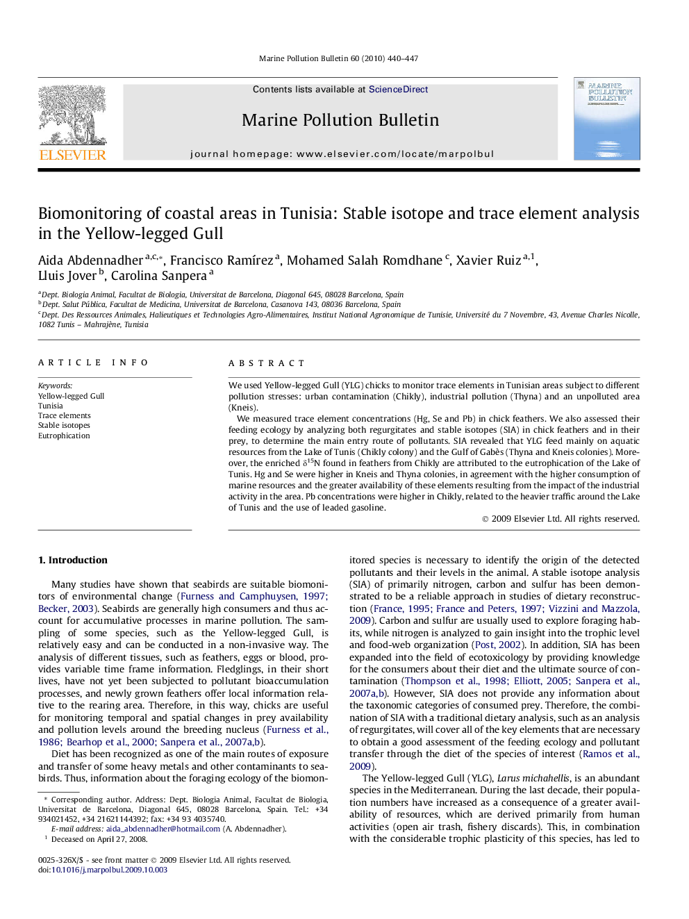 Biomonitoring of coastal areas in Tunisia: Stable isotope and trace element analysis in the Yellow-legged Gull