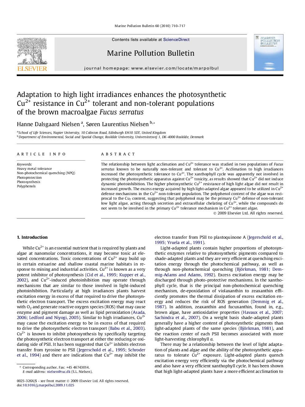 Adaptation to high light irradiances enhances the photosynthetic Cu2+ resistance in Cu2+ tolerant and non-tolerant populations of the brown macroalgae Fucus serratus