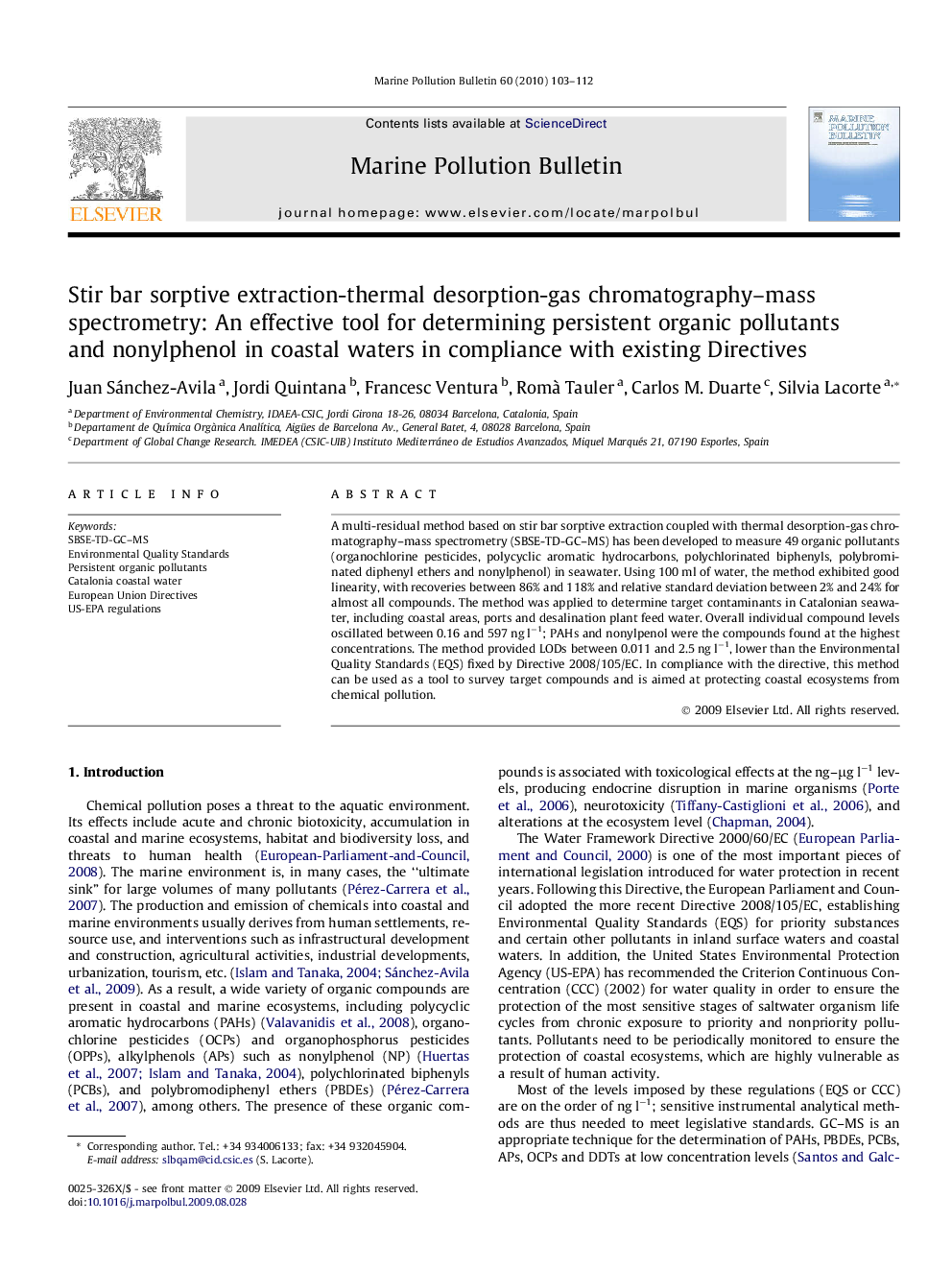 Stir bar sorptive extraction-thermal desorption-gas chromatography-mass spectrometry: An effective tool for determining persistent organic pollutants and nonylphenol in coastal waters in compliance with existing Directives