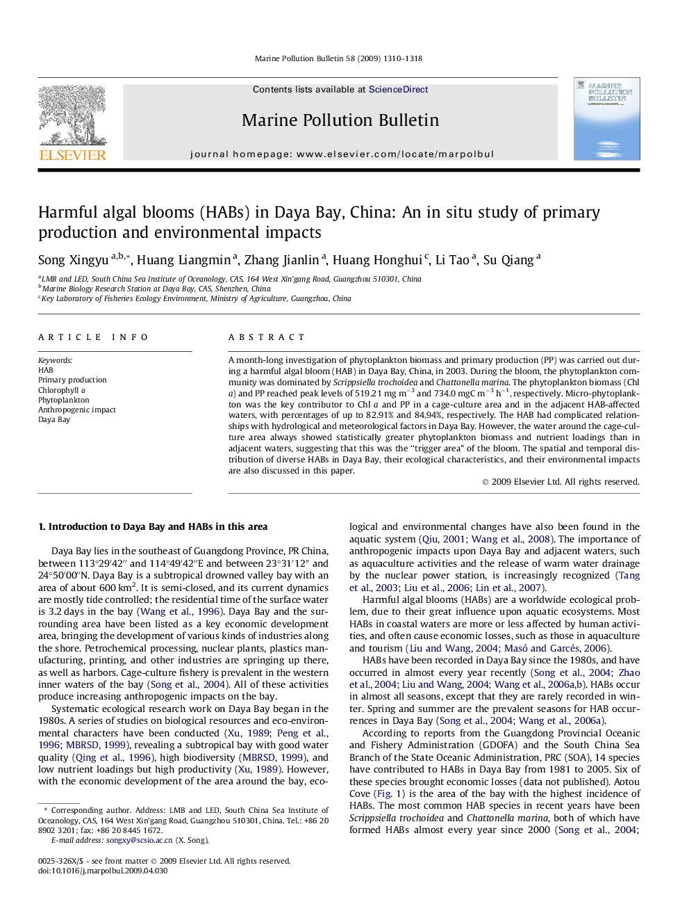 Harmful algal blooms (HABs) in Daya Bay, China: An in situ study of primary production and environmental impacts