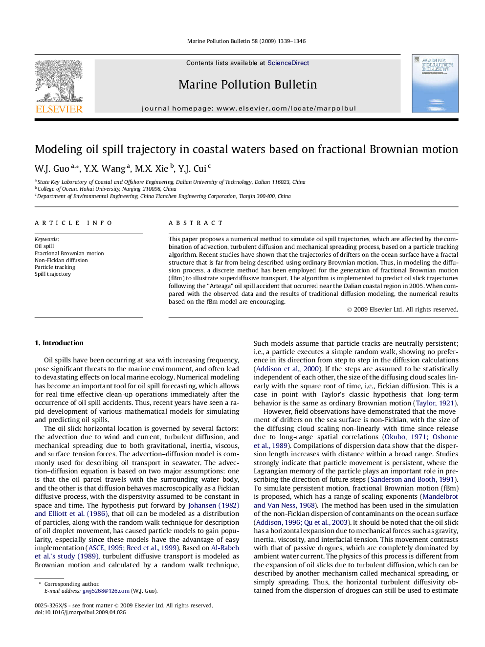 Modeling oil spill trajectory in coastal waters based on fractional Brownian motion